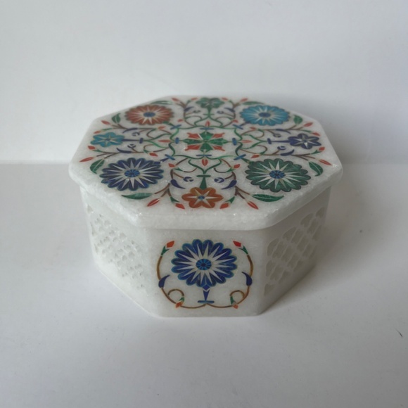 Octagon Marble Inlay Pietra Dura Art Jewelry Handcraft Handmade Box White Floral - Picture 4 of 15